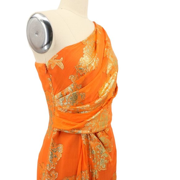 David Meister Silk Metallic Foiled Floral One Shoulder Orange Party Dress 6 - Picture 4 of 9